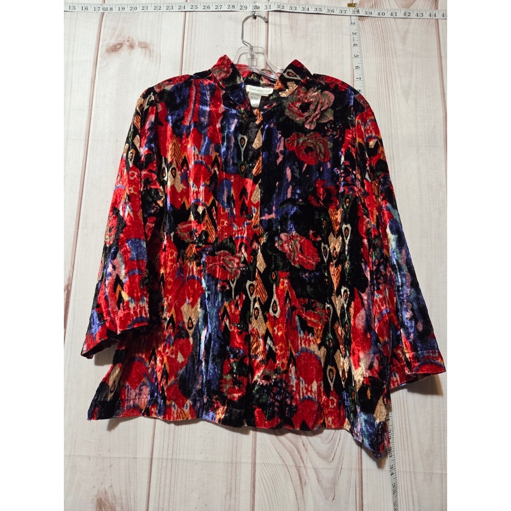 Coldwater Creek Velvet Floral Geometric Button Up Shirt Women's L Whimsigoth